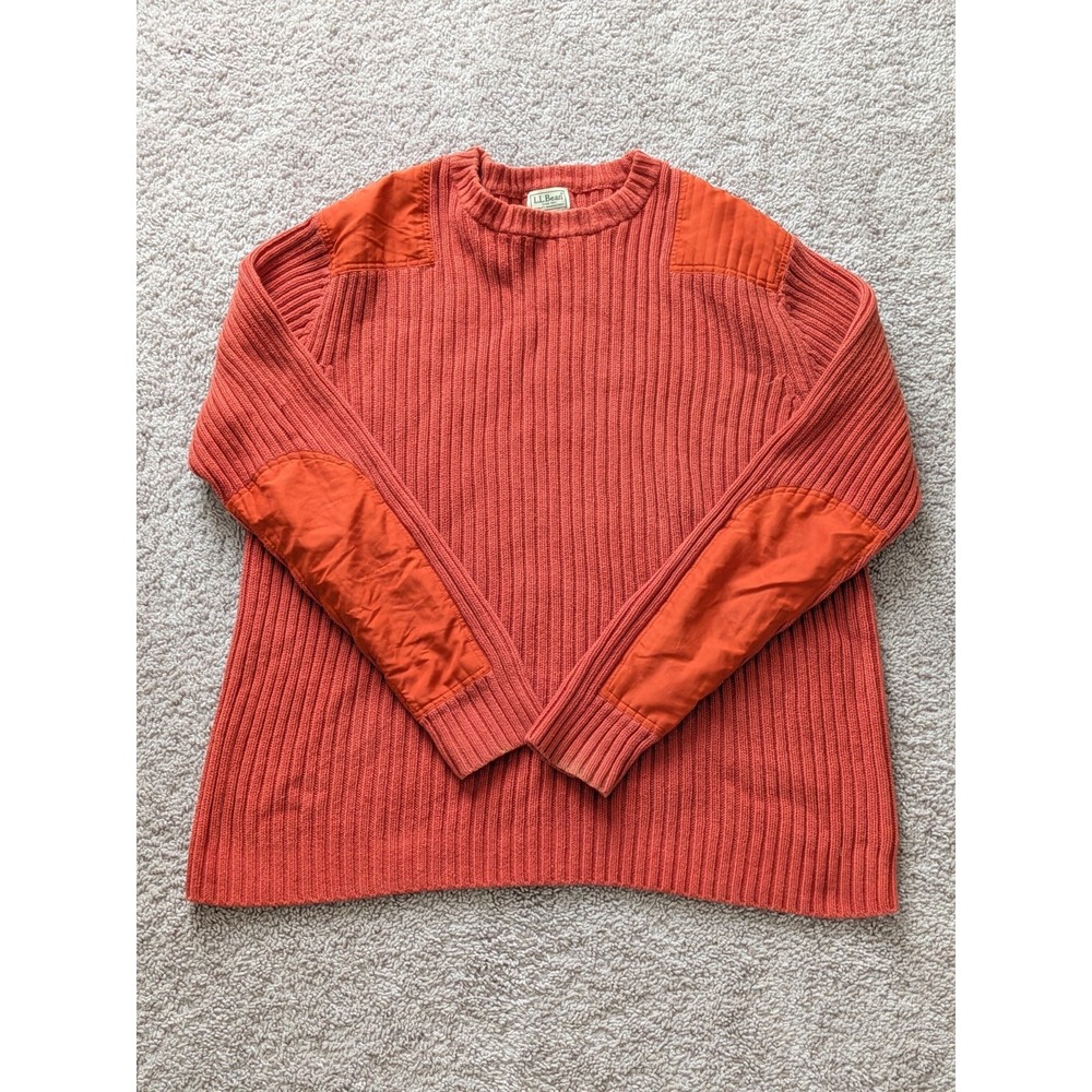 Vintage LL Bean Commando Sweater Mens XL Chunky Rib Knit Rust Orange Patches